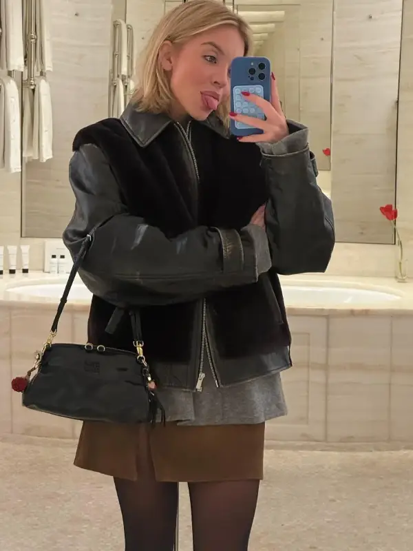Sydney-Sweeney-Black-Leather-with-Shearling-Blouson-Jacket