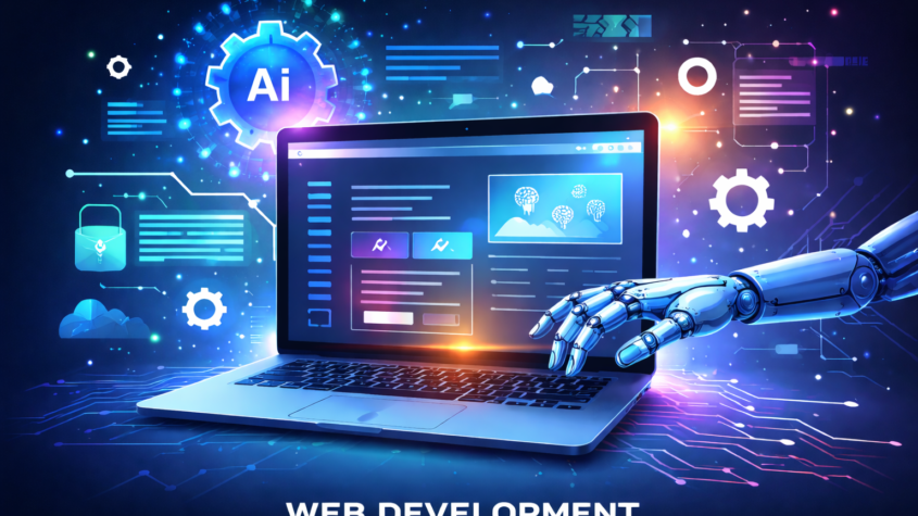 AI-driven web development illustrating intelligent automation and modern web technologies