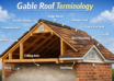Gable roof terminology diagram showing ridge board, rafters, roof sheathing, gable end wall, soffit, fascia, and overhang in a gable roof structur