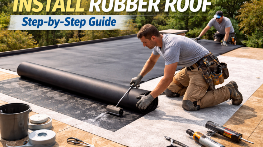Install a rubber roof using EPDM membrane during a flat roof installation, showing EPDM application, adhesive rolling, and professional rubber roofing installation process